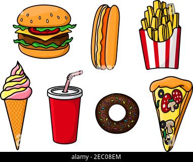 Cheeseburger with beef, cheese and vegetables, slice of pepperoni pizza, hot dog, sweet soda paper cup, french fries in striped box, chocolate donut t Stock Vector