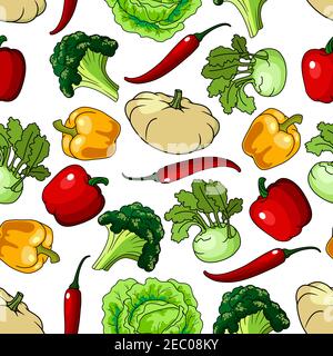 Healthy vegetables seamless pattern with broccoli and bell pepper, lettuce and chili pepper, kohl and pumpkin or squash Stock Vector