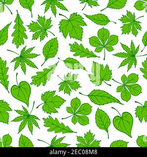 Green tree leaves seamless pattern with oak, maple and birch foliage elements Stock Vector