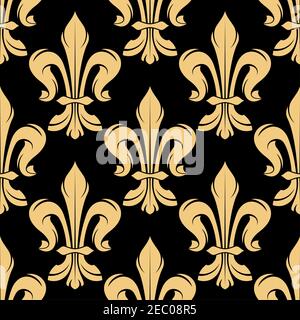 Black and golden seamless fleur-de-lis pattern of royal heraldic lily flowers adorned by swirls and leaf scrolls. Nice for gothic background, textile Stock Vector