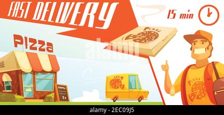 Fast delivery of pizza design concept with pizzeria courier yellow minibus with logo and box with hot pizza flat vector illustration Stock Vector