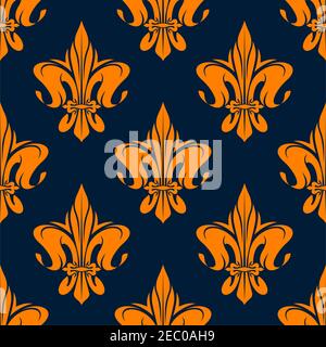 Vintage floral french seamless pattern with orange lilies ornament on blue background Stock Vector