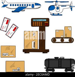 Air and rail freight service icons with airplane and helicopter, tank wagon, letters and delivery boxes with packaging signs on a scales and a conveyo Stock Vector