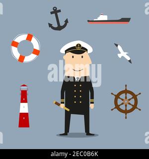 Captain profession icons with sailor in white uniform and peaked cap, surrounded by helm and cargo ship, anchor and lifebuoy, bell and lighthouse Stock Vector