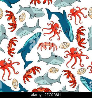 Sea animals seamless pattern with red crab and octopus, shark, seashell and whale Stock Vector