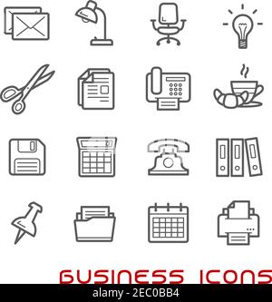 Business and office thin line icons with light bulb and phone, calendar and calculator, mail and folders, documents and chair, shredder and  scissors, Stock Vector