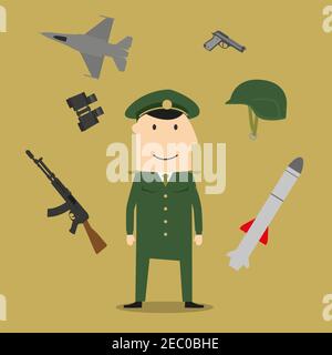Army icons with soldier in army combat uniform, helmet and body armor, surrounded by hand grenade and peaked cap, binoculars and air bomb, aircraft an Stock Vector