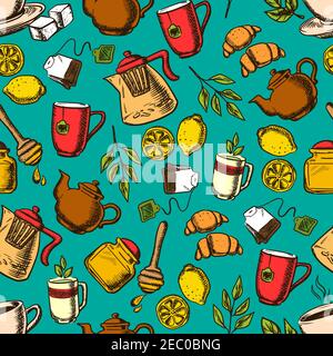 Herbal tea seamless pattern. Cup of hot tea on saucer with mint leaves, sugars, lemon and croissant surrounded teapots and cups, honey jar with dipper Stock Vector