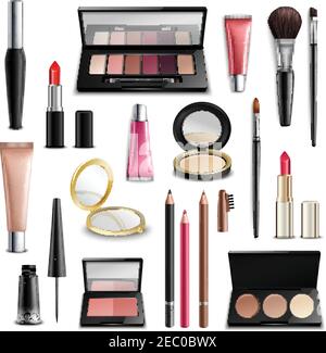 Makeup cosmetics beauty case accessories realistic items collection with lip gloss compact powder and eyeliner isolated vector illustrations Stock Vector