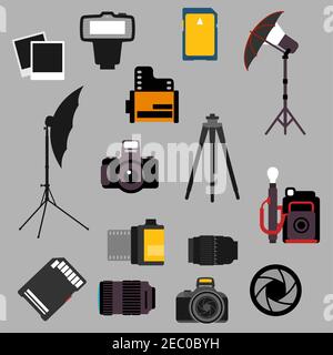 Photographic equipment and devices flat icons with modern digital and retro camera, lens and shutter, memory cards and film rolls, flash and instant f Stock Vector