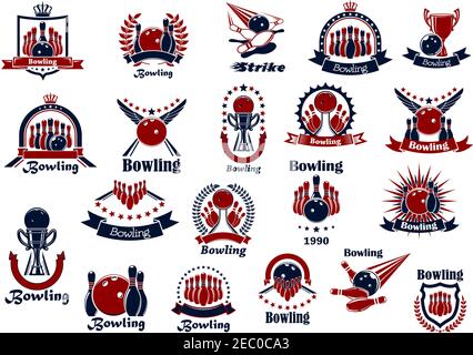 Sporting emblems or symbols for bowling club, team or tournament design with balls and ninepins, strikes and lanes, sport trophies framed by crowned s Stock Vector