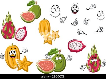 Cartoon tropical yellow star fruit, exotic asian pink dragon fruit and ripe green guava fruits. Tropical cocktails fruity ingredients or dessert recip Stock Vector
