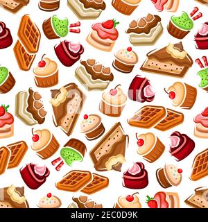 Cupcakes and cakes, fruity dessert and belgian waffles with cream, cherry and strawberry fruits, chocolate chips and sprinkles seamless pattern backgr Stock Vector