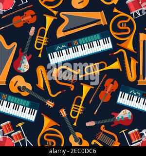 Musical instruments seamless pattern with drum set, acoustic and electric guitars, violin and synthesizer, saxophone and trumpet, harp, ancient lyre a Stock Vector