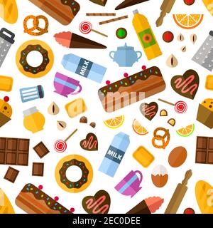 Pastry and bakery seamless pattern with various cakes and cupcakes, pie and candy, snacks and honey, baking ingredients and kitchen utensil Stock Vector