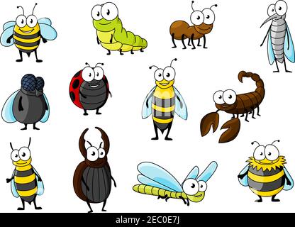 Cartoon smiling bee and ant, red spotted ladybug and fat fly, green caterpillar and dragonfly, mosquito and wasp, fluffy bumblebee, kind stag beetle, Stock Vector