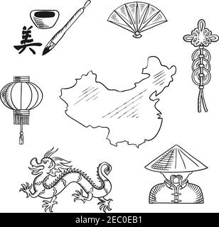 Chinese national symbols with dragon and  mandarin or chinaman, lantern and calligraphy, fan and wealth symbol around a map of China Stock Vector