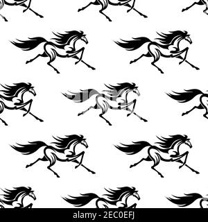 Black and white equestrian background for sporting or interior accessories design with seamless pattern of graceful prancing horses Stock Vector