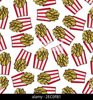 Crispy french fries seamless pattern with red and white striped paper boxes of fried potato. For fast food background or takeaway restaurant menu desi Stock Vector