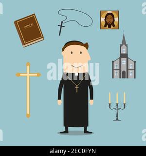 Priest profession with  mature man, surrounded by the Bible and gold cross, bowl and candelabra, icon and church or temple Stock Vector