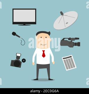 Reporter profession icons and symbols with man surrounded by newspaper and microphone, photo and video cameras, satellite dish antenna and TV Stock Vector