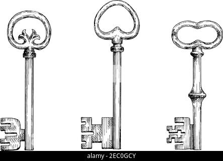 Old fashioned forged door keys sketches with heart shaped bows. Decorative skeleton keys in engraving style for vintage embellishment or medieval desi Stock Vector