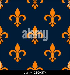 Orange fleur-de-lis floral seamless pattern of pointed buds with curved leaves on both sides, arranged into iris flowers ornament over blue background Stock Vector