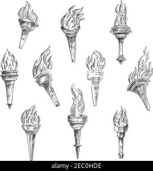 Antique burning torches with curly fire flames in vintage sketch engraving style. Addition to sport, history, religion theme Stock Vector