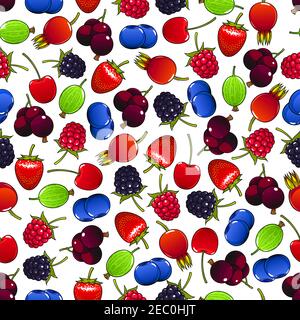 Sweet raspberry and strawberry, black currants and cherry, blackberry and gooseberry, blueberry and briar fruits seamless pattern Stock Vector