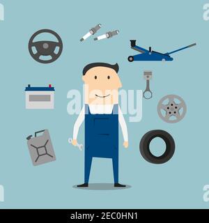 Mechanic profession and equipment with man in uniform overalls and cap, tyre and jack screw, wheel and piston crankshaft, wrench and motor oil, canist Stock Vector