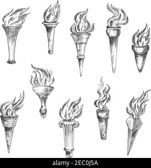 Ancient Wooden Torches Vintage Engraving Sketches With Ornamental