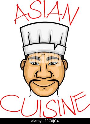 Sushi chef cartoon character with smiling chinese man with thin curled mustache wearing white cook hat. Oriental cuisine restaurant symbol, seafood me Stock Vector