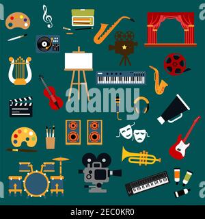 Art, music, cinema and theater icons with music instruments ans microphone, loudspeaker and record player, movie camera and film reel, clapperboard an Stock Vector