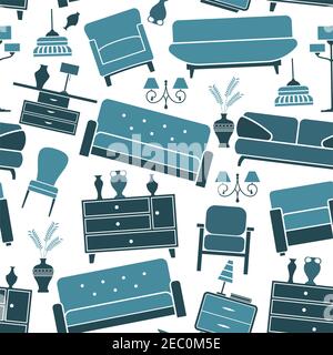 Retro home interior furniture and accessories seamless pattern with blue couches, bedside tables and chests of drawers with vases and lamps randomly s Stock Vector