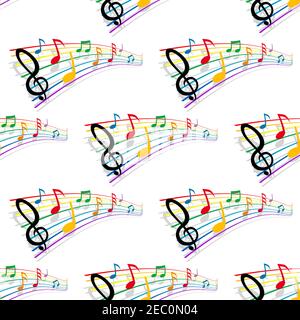 Musical notes seamless background with colorful pattern of musical staves, notes and treble clefs. May be used as festive decoration or music backdrop Stock Vector