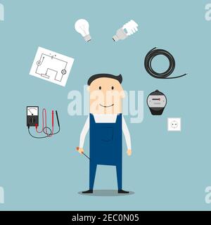 Electrician profession concept with worker encircled by energy saving and light bulbs, plug and socket, electricity meter and circuit breaker, multime Stock Vector