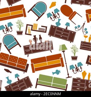 Interior furniture background design with seamless pattern of retro stylized sofas, chairs and armchairs, wooden bookshelves and chests of drawers wit Stock Vector