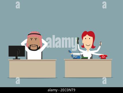 Cartoon lazy arab chief relaxing at workplace while his secretary working. Lazy worker, unfair teamwork, overwork, shirker theme design Stock Vector