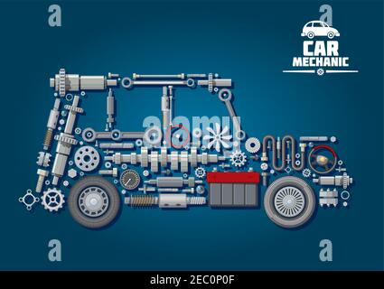Car mechanic scheme with steering wheels, crankshaft, battery, gear, speedometer, axles, gaskets and clutch, radiator fan, brake system. For service, Stock Vector