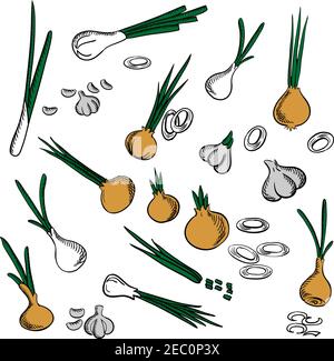 Fresh onion, leek and garlic vegetables with spicy onions with chopped green leaves, leek, sliced onion rings and peeled garlic cloves. Pungent condim Stock Vector