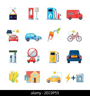 Alternative energy icons set with cars and bicycles symbols flat isolated vector illustration Stock Vector