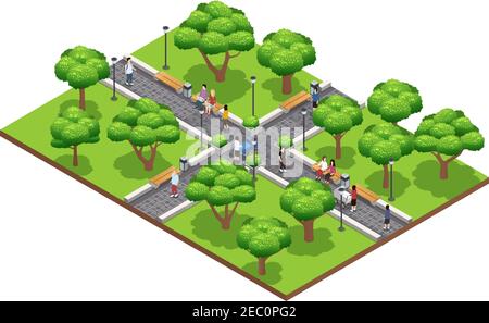 Isometric landscaping composition with people walking in green park in summer on white background vector illustration Stock Vector