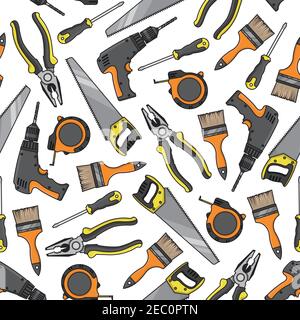 Tools and electrical equipment background with seamless pattern of screwdrivers and saws, pliers and electric cordless drills, paint brushes and tape Stock Vector
