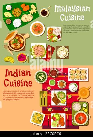 Indian and malaysian national cuisine with rice and curry, kebab and fresh vegetables, meat stew, noodles with prawns and tofu, spicy tandoori chicken Stock Vector