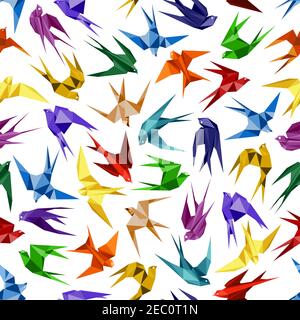 Colorful origami paper swallow birds seamless pattern on white background Stock Vector