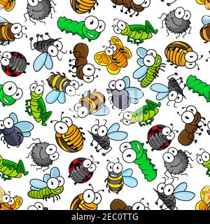 Cartoon insects seamless pattern of bees and butterflies, caterpillars and flies, spiders and ladybugs, mosquitoes and bugs, dragonflies, ants and gra Stock Vector
