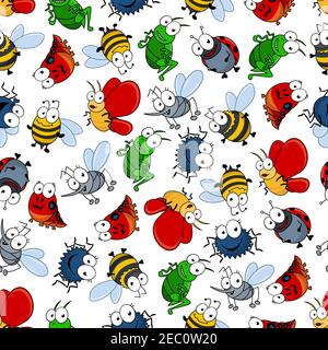 Colorful seamless pattern with funny butterflies and bees, ladybugs and spotted caterpillars, fluffy spiders and mosquitoes, flies and grasshoppers in Stock Vector
