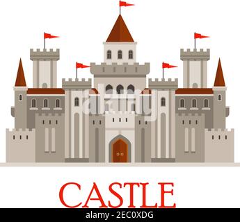Fortified medieval roman castle in gray colors with arched windows and red flags on turrets, surrounded by curtain walls with corner towers and gateho Stock Vector