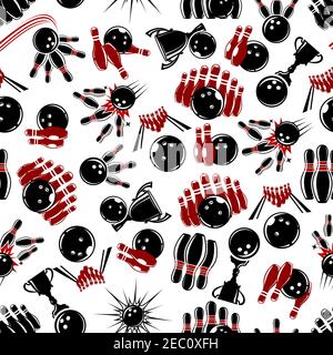 Seamless pattern of bowling balls and pins on lanes with explosion bubbles, motion trails, winner cups and trophies on white background. Sports and le Stock Vector