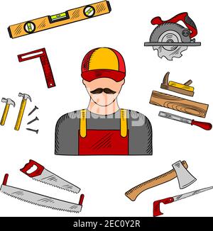 Carpenter profession with tools and equipment icons with hammer and hand saw, axe and circular saw, rasp and jack plane, measuring level and angle rul Stock Vector